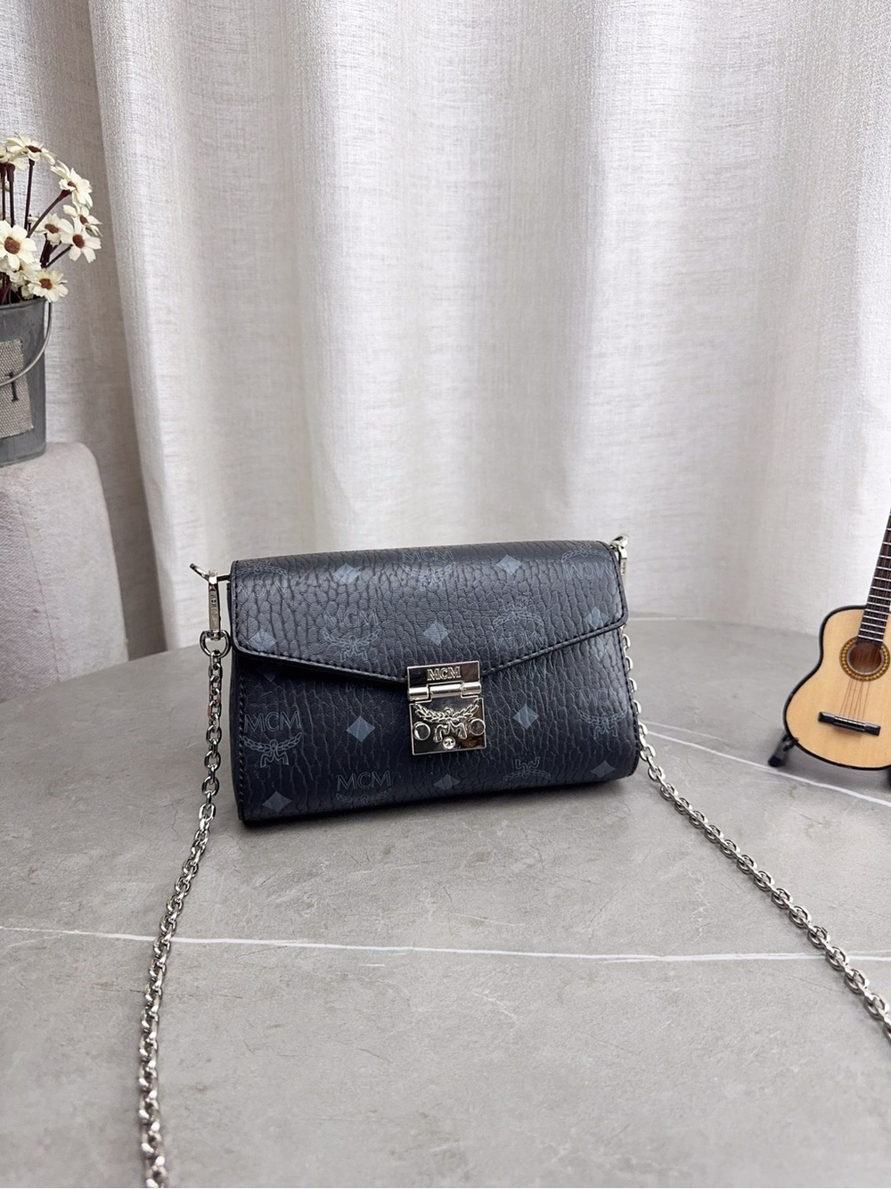 MCM Black Monogram Visetos Crossbody Bag with Silver Chain Strap
